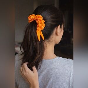 3 Vibrant Orange Satin Scrunchies. Medium